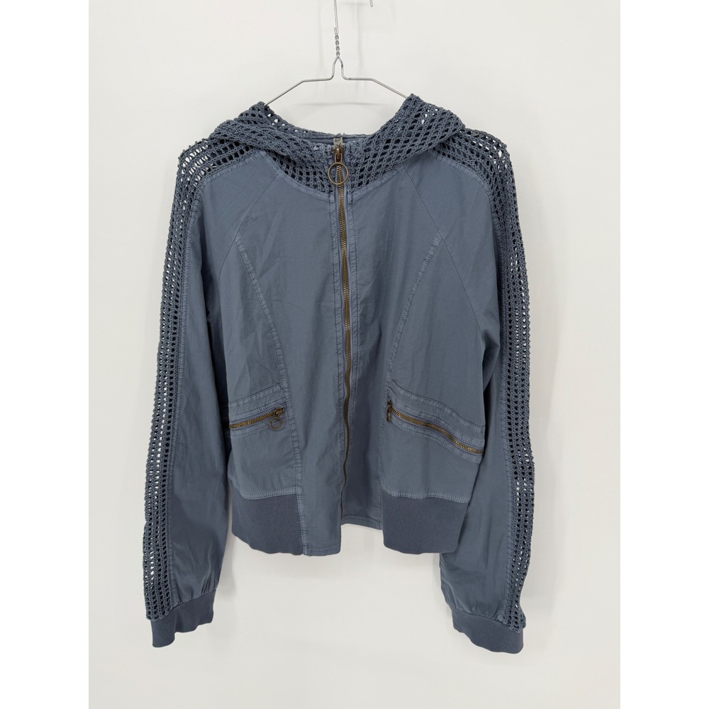 XCVI Womens Jacket Crochet Knit Panel Zip Up Blue Large